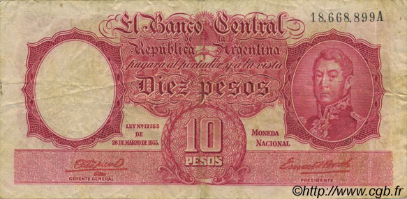 10 Pesos ARGENTINA  1942 P.265c VF