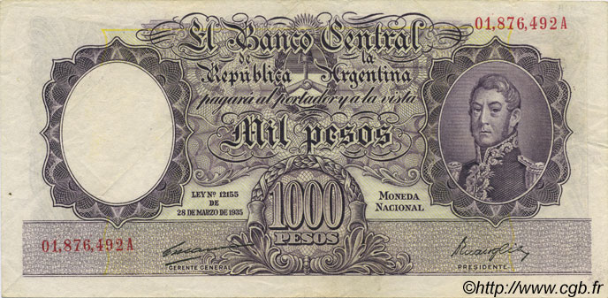 1000 Pesos ARGENTINE  1944 P.269b TTB+