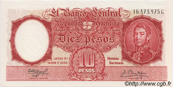 10 Pesos ARGENTINA  1954 P.270c UNC