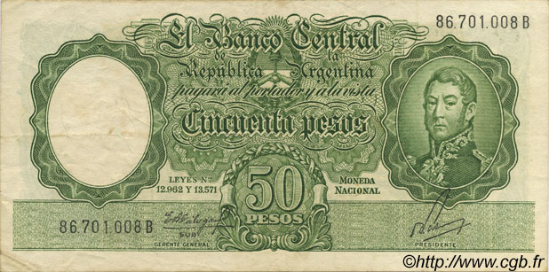 50 Pesos ARGENTINA  1955 P.271c MBC