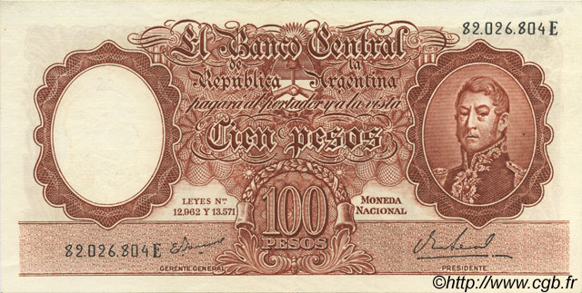 100 Pesos ARGENTINIEN  1957 P.272a VZ