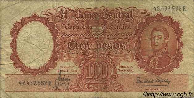 100 Pesos ARGENTINA  1957 P.272c G