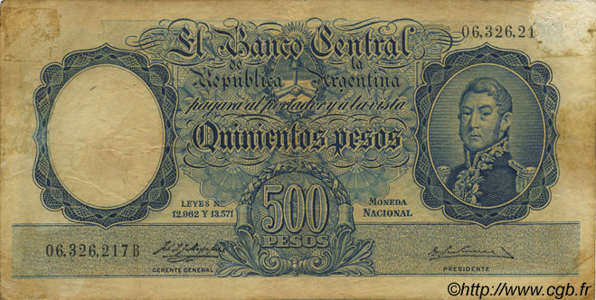 500 Pesos ARGENTINA  1954 P.273a q.MB