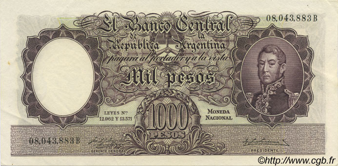 1000 Pesos ARGENTINA  1955 P.274a EBC+