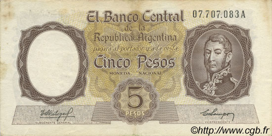 5 Pesos ARGENTINIEN  1960 P.275a fVZ