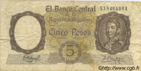 5 Pesos ARGENTINA  1960 P.275c MB