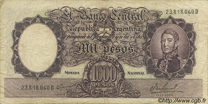1000 Pesos ARGENTINA  1966 P.279c F+
