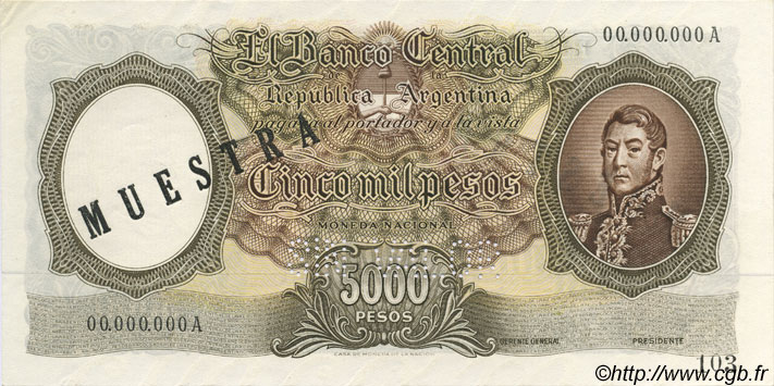 5000 Pesos Spécimen ARGENTINA  1962 P.280s SC+