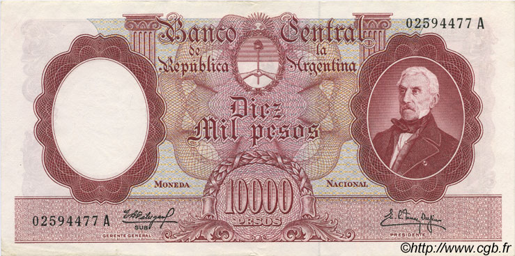 10000 Pesos ARGENTINA  1961 P.281a AU