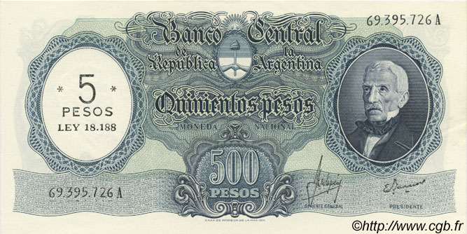 5 Pesos sur 500 Pesos ARGENTINIEN  1969 P.283 fST+