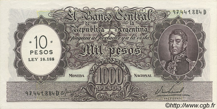 10 Pesos sur 1000 Pesos ARGENTINIEN  1969 P.284 fST