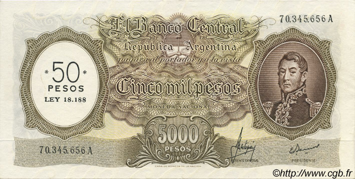 50 Pesos sur 5000 Pesos ARGENTINIEN  1969 P.285 fST