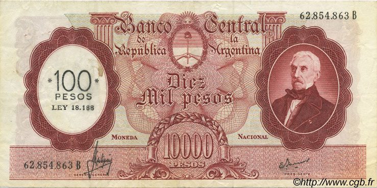 100 Pesos sur 10000 Pesos ARGENTINA  1969 P.286 VF