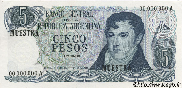 5 Pesos Spécimen ARGENTINA  1971 P.288s UNC