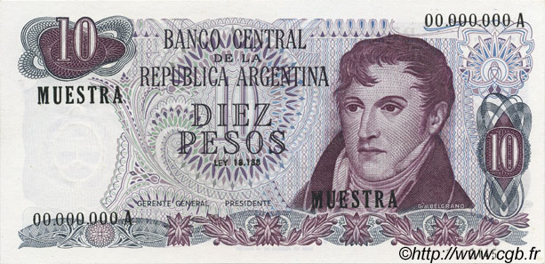 10 Pesos Spécimen ARGENTINA  1970 P.289s UNC