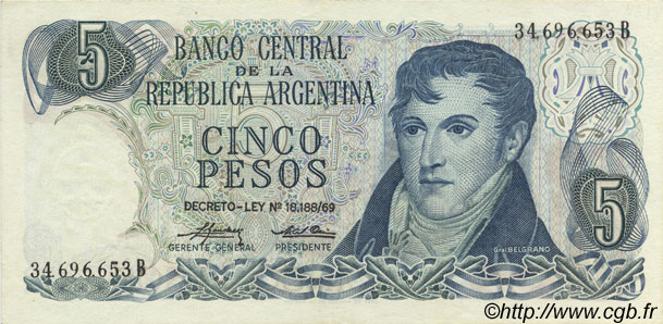5 Pesos ARGENTINA  1974 P.294 AU
