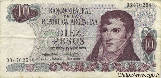 10 Pesos ARGENTINA  1973 P.295 VF