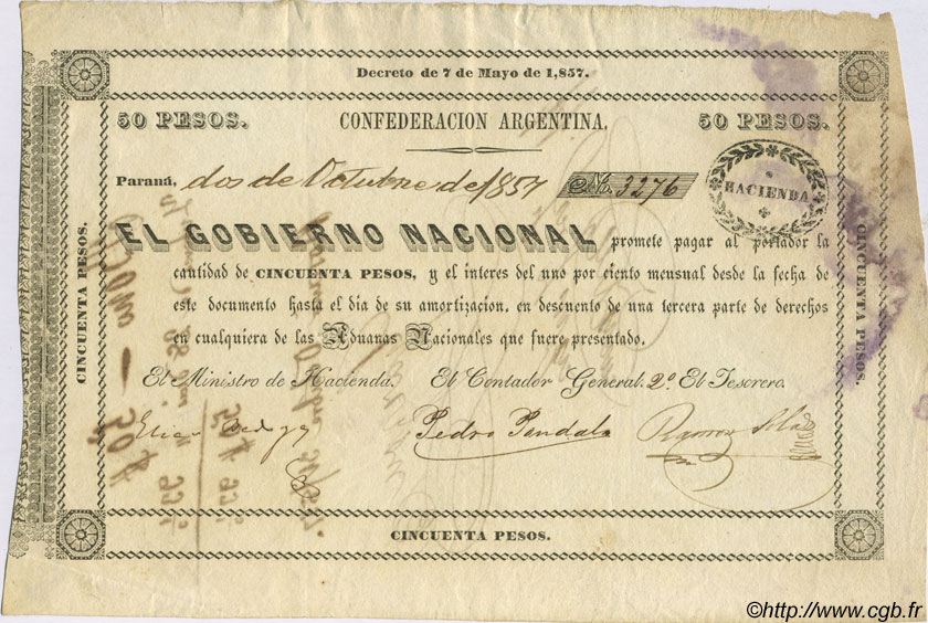 50 Pesos ARGENTINA  1857 PS.0183 VF