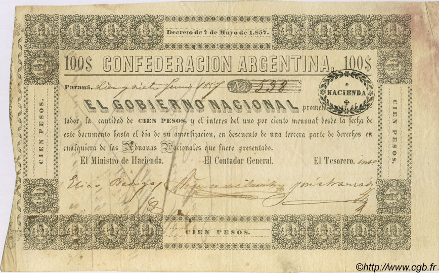 100 Pesos ARGENTINA  1857 PS.0184 q.SPL
