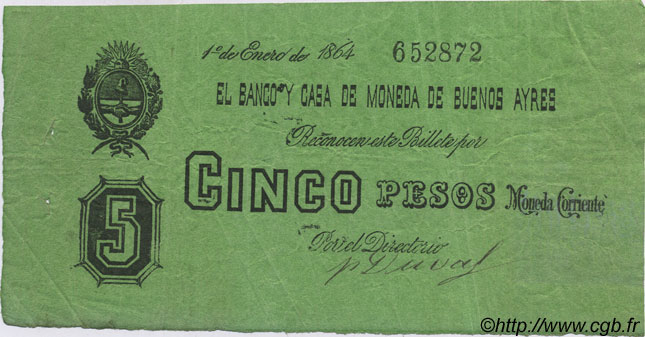 5 Pesos ARGENTINA  1864 PS.0442 BB