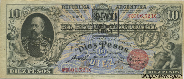 10 Pesos ARGENTINA  1894 PS.1094d MBC+