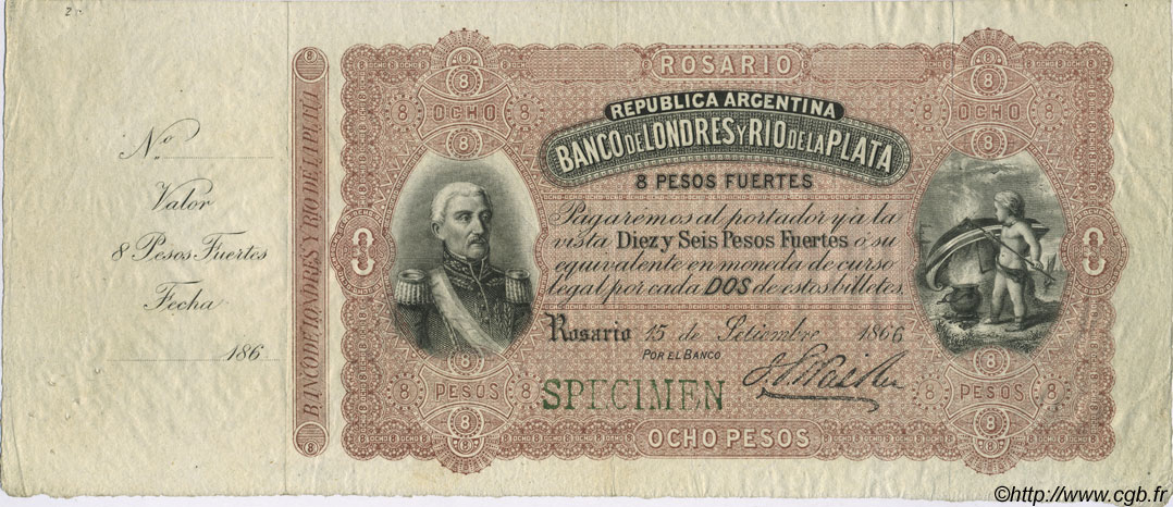 8 Pesos Fuertes Spécimen ARGENTINA  1866 PS.1739F SPL