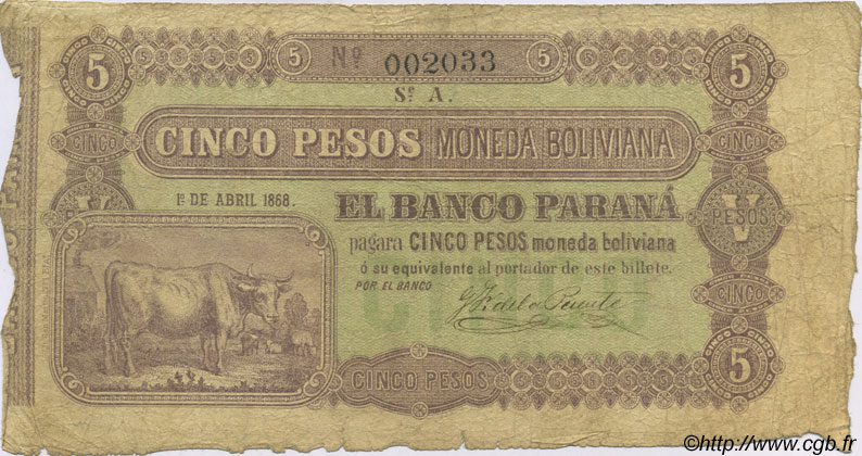 5 Pesos Bolivianos ARGENTINIEN  1868 PS.1817a SGE to S