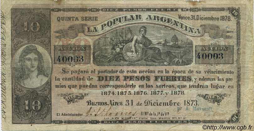 10 Pesos Fuertes ARGENTINA  1873 PS.--- (vers 1800) F+