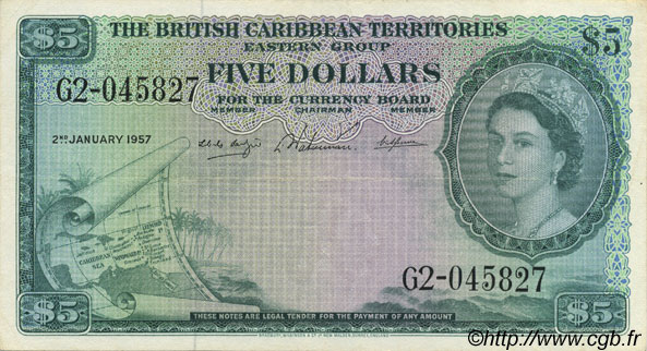 5 Dollars EAST CARIBBEAN STATES  1957 P.09b XF+