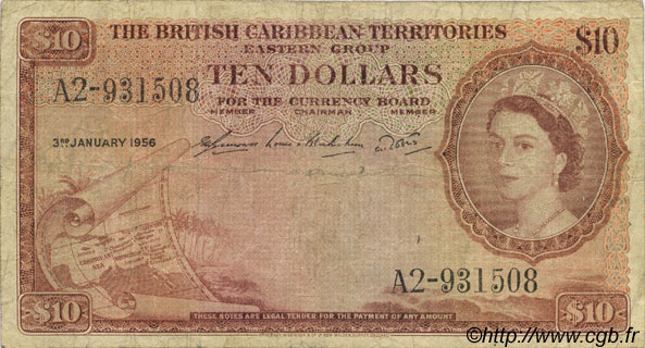 10 Dollars CARIBBEAN   1956 P.10b VG