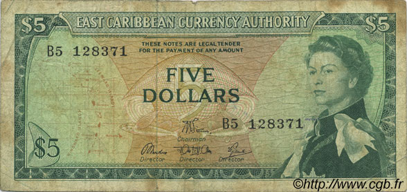 5 Dollars CARAÏBES  1965 P.14e pr.TB