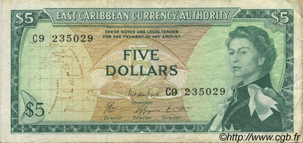 5 Dollars EAST CARIBBEAN STATES  1965 P.14g fSS