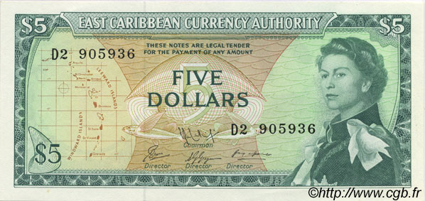 5 Dollars EAST CARIBBEAN STATES  1965 P.14h ST