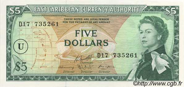 5 Dollars CARAÏBES  1965 P.14o NEUF