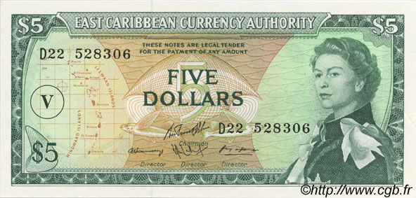 5 Dollars EAST CARIBBEAN STATES  1965 P.14p fST+