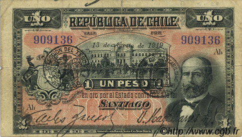 1 Peso CHILE  1919 P.015b VF