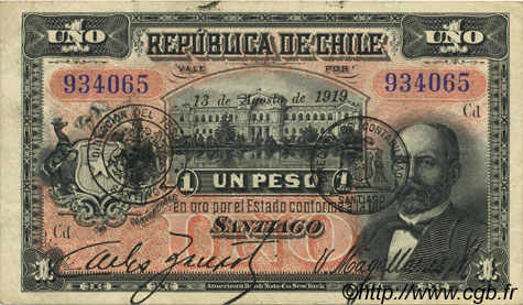 1 Peso CHILE  1919 P.015b XF