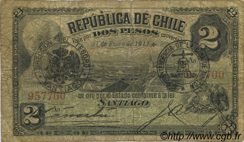 2 Pesos CHILI  1911 P.016 B+