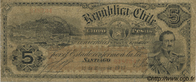 5 Pesos CHILE  1917 P.018b G