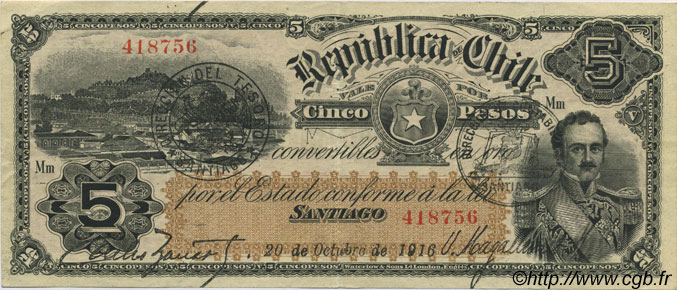 5 Pesos CILE  1916 P.018b SPL