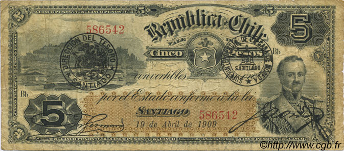 5 Pesos CHILE  1909 P.019a F