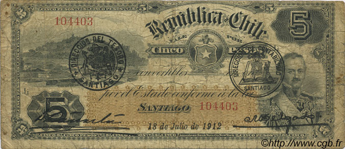 5 Pesos CILE  1912 P.019b q.MB