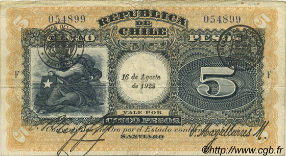 5 Pesos CHILE
  1922 P.061 BC+