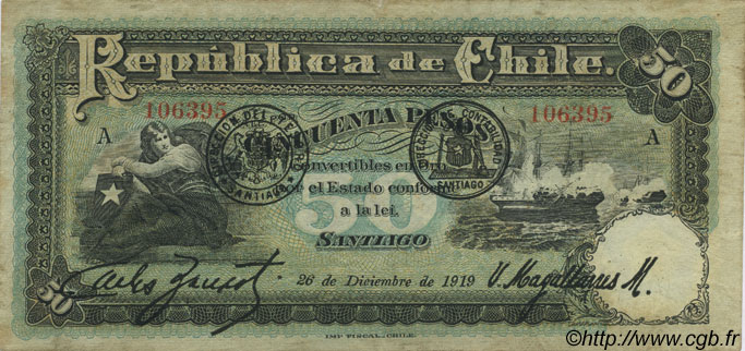 50 Pesos CHILE  1919 P.065 VF+