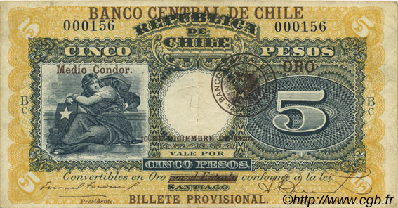 5 Pesos - 1/2 Condor CHILE  1925 P.071 VF