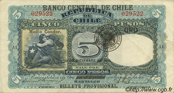 5 Pesos - 1/2 Condor CHILE  1925 P.072 VF+