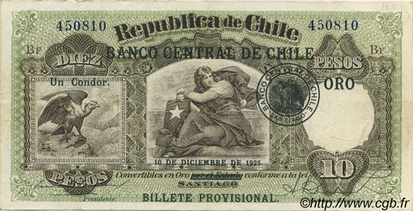 10 Pesos - 1 Condor CHILI  1925 P.074 TTB+