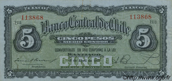 5 Pesos - 1/2 Condor CILE  1927 P.082 SPL+