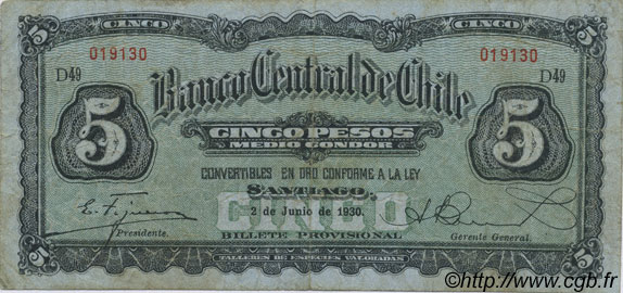 5 Pesos - 1/2 Condor CHILE  1930 P.082 F