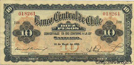 10 Pesos - 1 Condor CILE  1928 P.083b BB